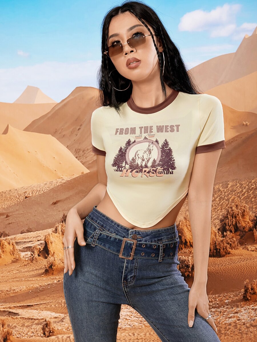 Western Letter Graphic Asymmetrical Hem Crop Ringer Tee - Beige - View 1
