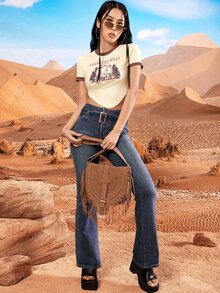 Western Letter Graphic Asymmetrical Hem Crop Ringer Tee - Beige - View 4