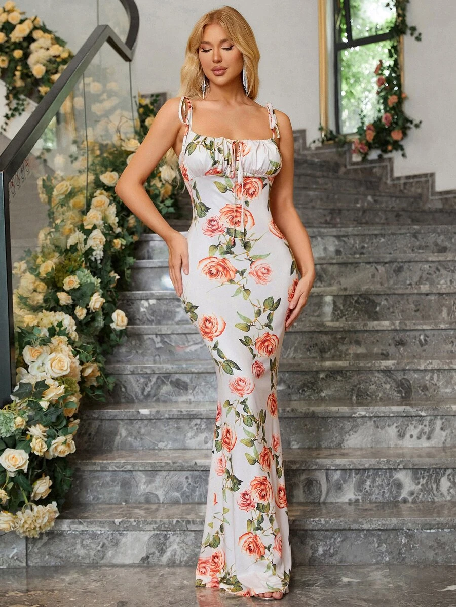 PARTHEA Lace-Up Off-Shoulder Fish Tail Hem Printed Prom Dress - Multicolor - View 1