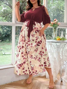 SHEIN LUNE Vestido con cinturón con estampado floral con abertura de hombros descubiertos ribete con fruncido - Burdeos - Ver 5