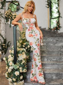 PARTHEA Lace-Up Off-Shoulder Fish Tail Hem Printed Prom Dress - Multicolor - View 5