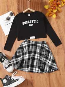 SHEIN Bộ hai mảnh Gái Lá thư Sọc ca rô Sẵn sàng - Đen và trắng - Xem 1