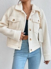 SHEIN Unity Button Front Flap Pocket Drop Shoulder Teddy Jacket Fall Winter Cloth For Women - White - View 1