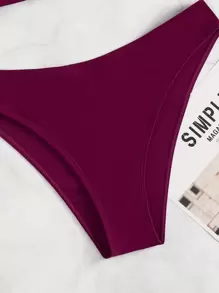 SHEIN Swim Summer Beach Plain V Neck Bikini Set - Red Violet - View 6