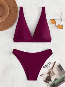 SHEIN Swim Summer Beach Plain V Neck Bikini Set - Red Violet - View 7