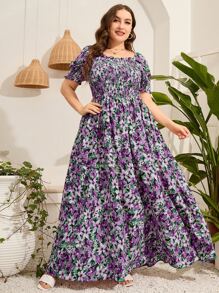 Mulvari Trang phục váy dài tay bồng in họa tiết hoa xếp nếp xếp ly cho nữ, mùa hè - Màu tím  Violet - Xem 1