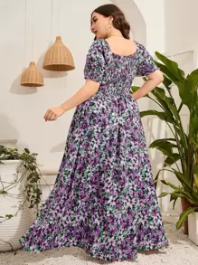 Mulvari Trang phục váy dài tay bồng in họa tiết hoa xếp nếp xếp ly cho nữ, mùa hè - Màu tím  Violet - Xem 2