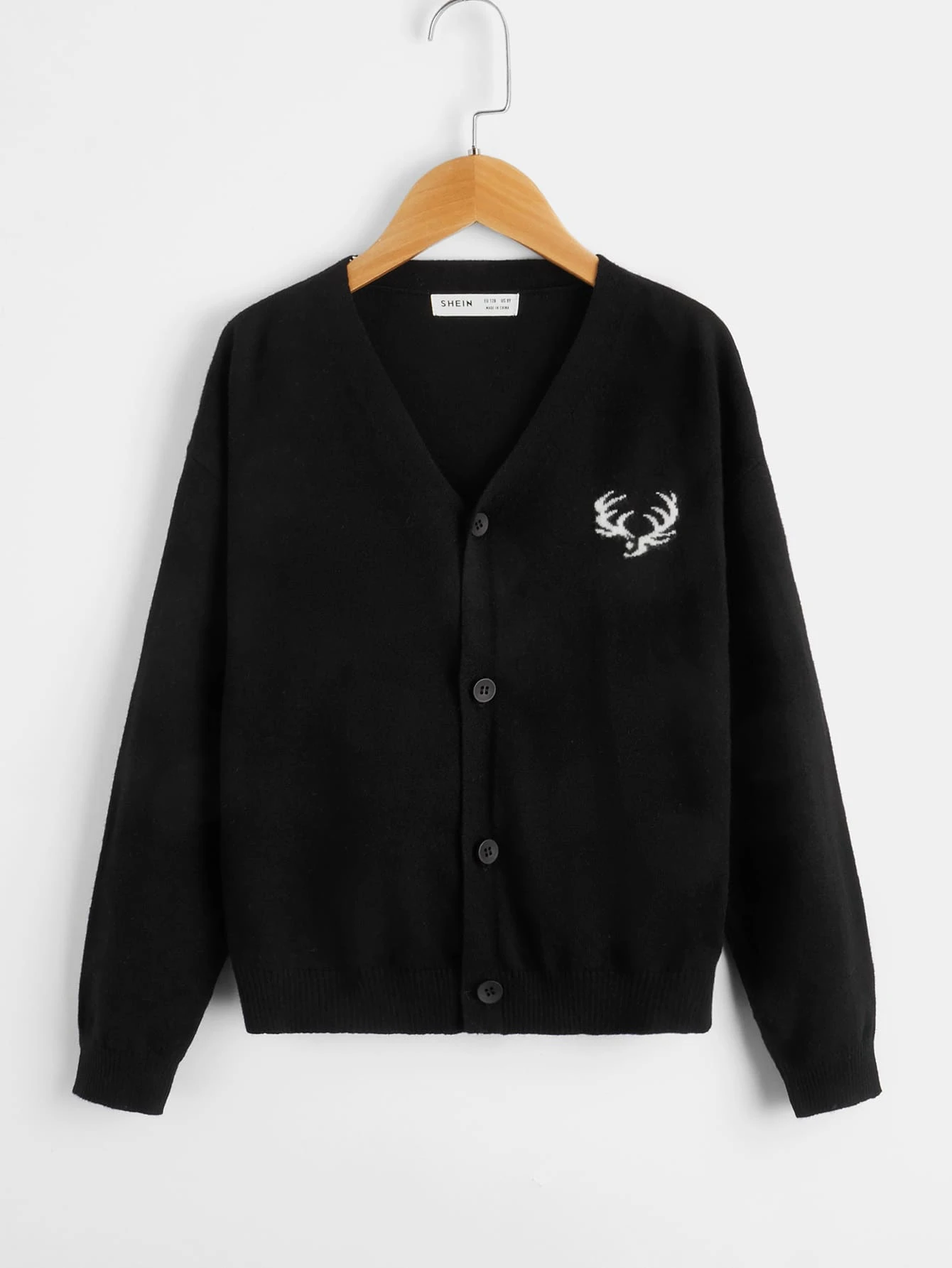 SHEIN Boys Elk Pattern Drop Shoulder Cardigan - Black - View 1