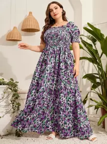 Mulvari Trang phục váy dài tay bồng in họa tiết hoa xếp nếp xếp ly cho nữ, mùa hè - Màu tím  Violet - Xem 3