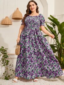 Mulvari Trang phục váy dài tay bồng in họa tiết hoa xếp nếp xếp ly cho nữ, mùa hè - Màu tím  Violet - Xem 4