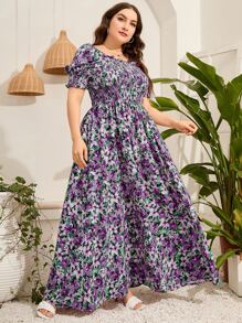 Mulvari Trang phục váy dài tay bồng in họa tiết hoa xếp nếp xếp ly cho nữ, mùa hè - Màu tím  Violet - Xem 5