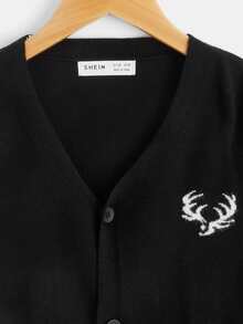 SHEIN Boys Elk Pattern Drop Shoulder Cardigan - Black - View 3