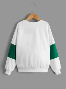 SHEIN Niñas Pullover con estampado de letra de manga raglán de color combinado - Blanco - Ver 2