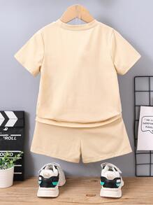 SHEIN Toddler Boys Slogan Graphic Tee & Shorts - Khaki - View 2