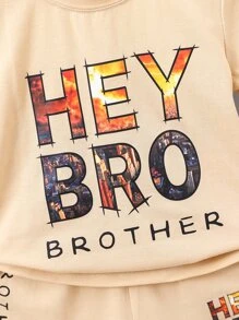 SHEIN Toddler Boys Slogan Graphic Tee & Shorts - Khaki - View 3