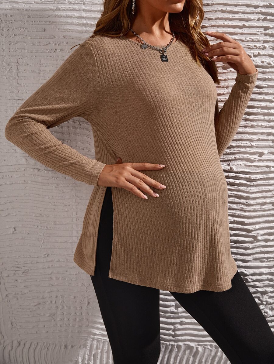 SHEIN Maternity Ribbed Knit Split Hem Tee - Mocha Brown - View 1