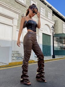 SHEIN ICON Zip Up Ruched Patent Trousers - Chocolate Brown - View 3
