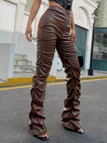SHEIN ICON Zip Up Ruched Patent Trousers - Chocolate Brown - View 4