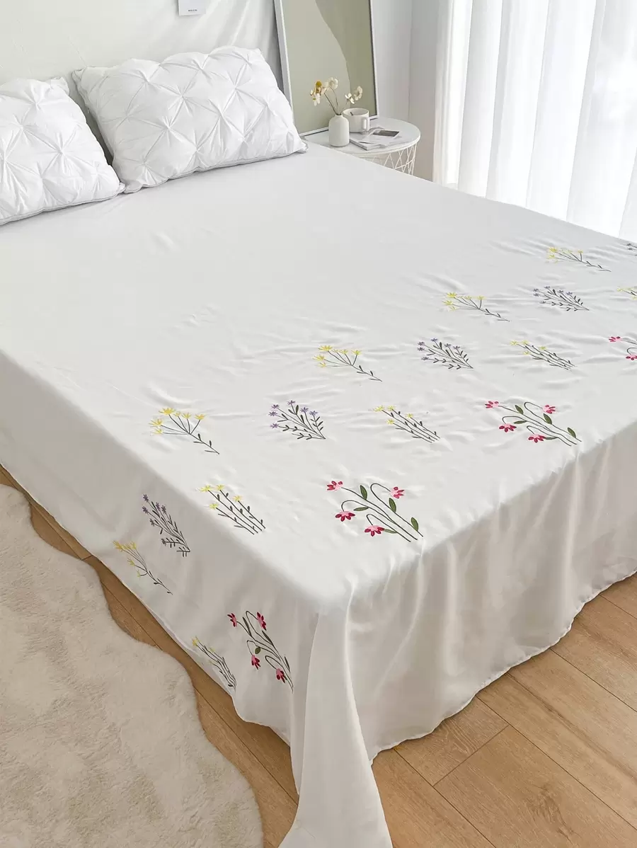 花卉刺繡床單 - 白色 - 查看 1
