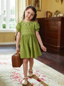 女小童夏天酪梨綠色泡泡袖洋裝甜美風圓領刺繡短袖復古風格孩子們公主裙 - 綠色 - 查看 5