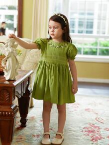 女小童夏天酪梨綠色泡泡袖洋裝甜美風圓領刺繡短袖復古風格孩子們公主裙 - 綠色 - 查看 7