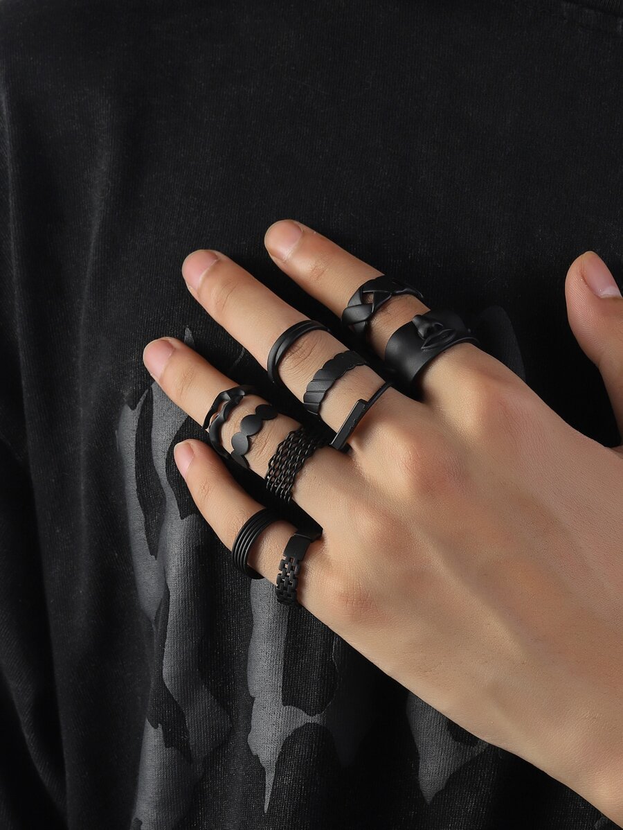 10 cái/bộ Đen Hình dạng hình học Nam Bộ nhẫn Punk Hip Pop Phong cách , Đối với Đồ trang sức Qủa tặng Và Buổi tiệc - màu đen - Xem 1