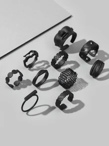 10 cái/bộ Đen Hình dạng hình học Nam Bộ nhẫn Punk Hip Pop Phong cách , Đối với Đồ trang sức Qủa tặng Và Buổi tiệc - màu đen - Xem 2
