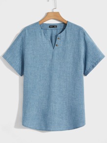 Manfinity VCAY Loose Fit Men's Notched Neck Button Detail Shirt - Blue - View 1