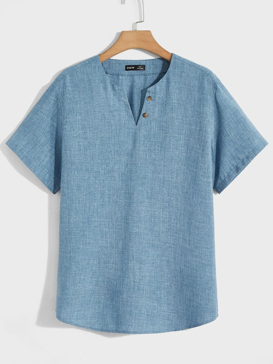 Manfinity VCAY Loose Fit Men's Notched Neck Button Detail Shirt - Blue - View 1