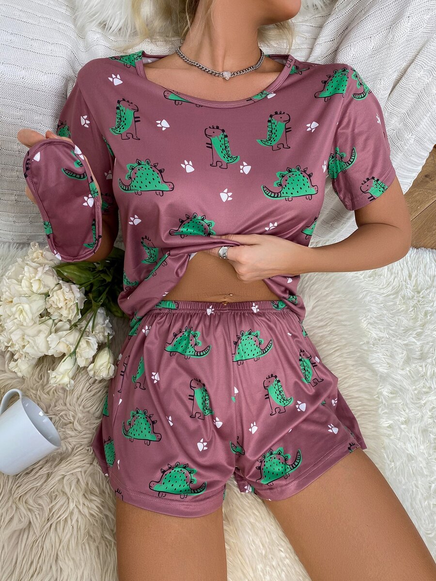 Conjunto de pijama con estampado de dinosaurio con cubierta de ojo - Color caoba - Ver 1