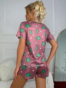 Conjunto de pijama con estampado de dinosaurio con cubierta de ojo - Color caoba - Ver 2