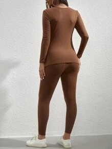 SHEIN Maternity Ribbed Knit Tee & Adjustable Waist Leggings - Brown - View 2