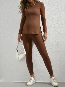 SHEIN Maternity Ribbed Knit Tee & Adjustable Waist Leggings - Brown - View 4