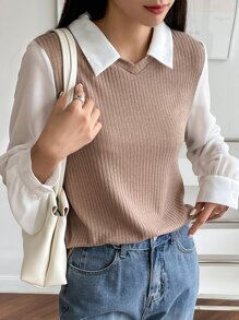 DAZY Áo len dệt kim cổ bẻ tay dài cho nữ, Quần áo mùa thu cho nữ - màu nâu - Xem 1