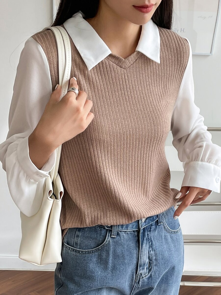 DAZY Áo len dệt kim cổ bẻ tay dài cho nữ, Quần áo mùa thu cho nữ - màu nâu - Xem 1