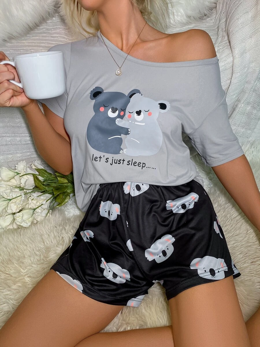 Cartoon & Slogan Graphic Tee & Shorts PJ Set / Pajama Set - Light Grey - View 1