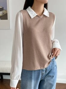 DAZY Áo len dệt kim cổ bẻ tay dài cho nữ, Quần áo mùa thu cho nữ - màu nâu - Xem 5