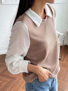 DAZY Áo len dệt kim cổ bẻ tay dài cho nữ, Quần áo mùa thu cho nữ - màu nâu - Xem 6