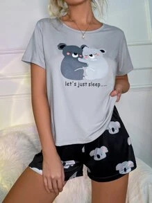 Cartoon & Slogan Graphic Tee & Shorts PJ Set / Pajama Set - Light Grey - View 5