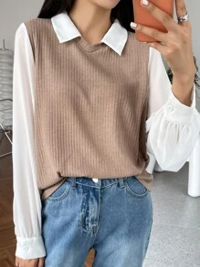 DAZY Áo len dệt kim cổ bẻ tay dài cho nữ, Quần áo mùa thu cho nữ - màu nâu - Xem 7