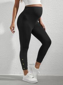 SHEIN Maternity Ruched Button Side Adjustable Elastic Waist Leggings - Black - View 1