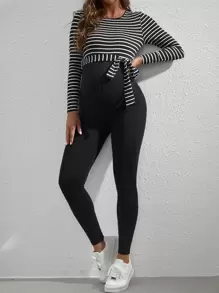 SHEIN Maternity Striped Belted Unitard Jumpsuit With Long Sleeve - Black - View 3
