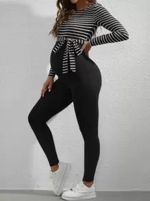 SHEIN Maternity Striped Belted Unitard Jumpsuit With Long Sleeve - Black - View 1