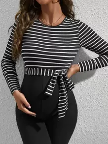 SHEIN Maternity Striped Belted Unitard Jumpsuit With Long Sleeve - Black - View 6