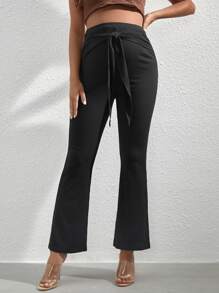 SHEIN Maternity Knot Front Flare Leg Trousers - Black - View 3