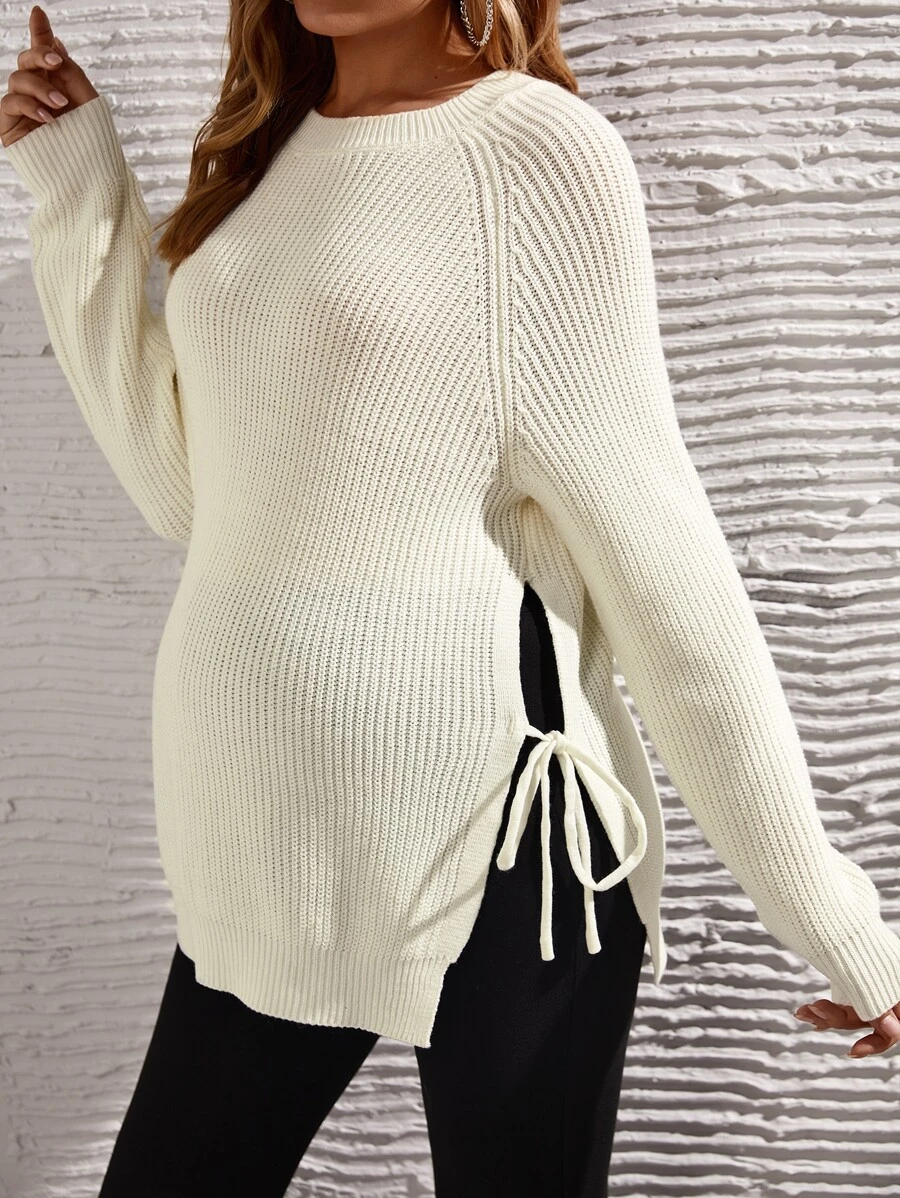 SHEIN Maternity Raglan Sleeve Split Knot Side Sweater, For Winter