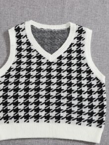 SHEIN Niñas Chaleco de punto con patrón de pata de gallo sin camiseta - Blanco y Negro - Ver 4