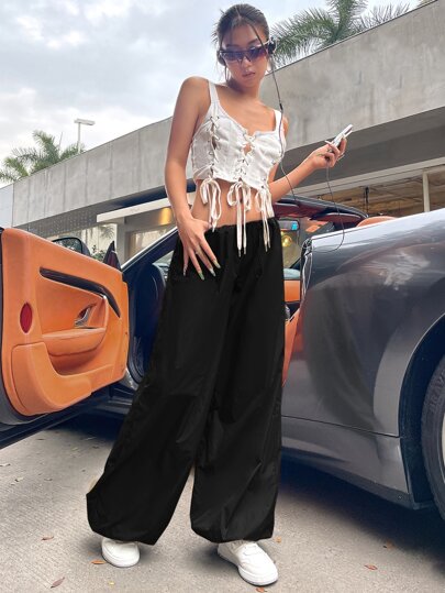 Gorpcore Solid Drawstring Waist Parachute Pants