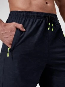 Manfinity Fitness Men Drawstring Waist Zipper Pocket Sports Shorts - Navy Blue - View 4