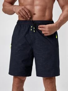 Manfinity Fitness Men Drawstring Waist Zipper Pocket Sports Shorts - Navy Blue - View 6